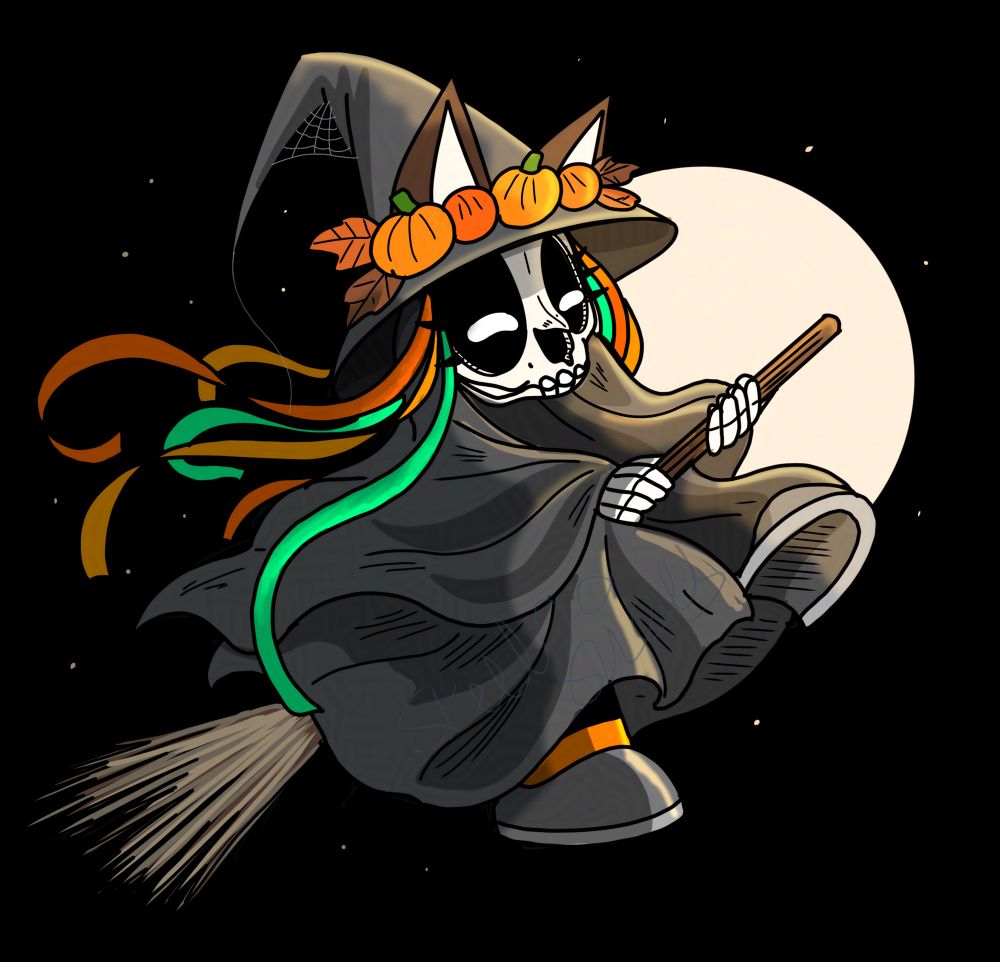 A little mari wearing a witches cloak and hat riding a broom in the night