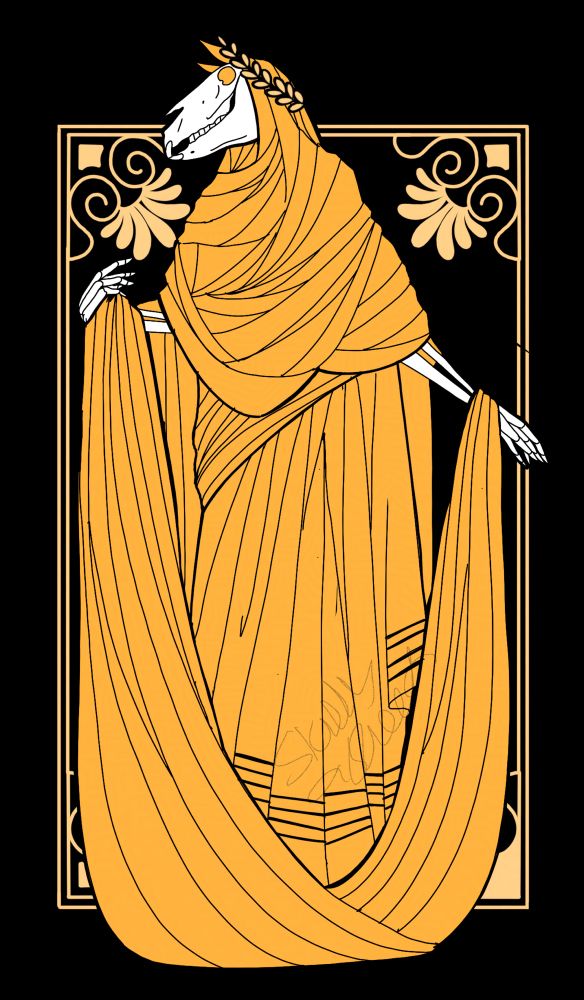 A horse skulled lady in orange robe holding and orange shawl