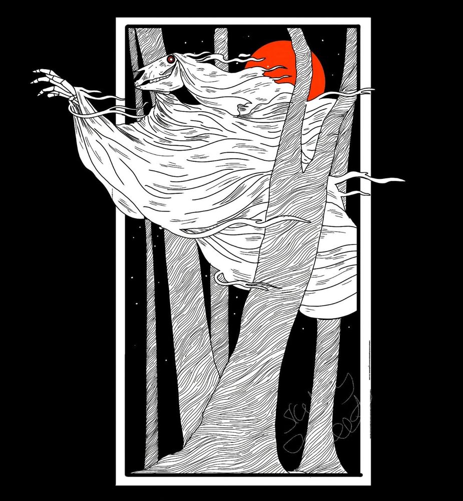 A horse skulled ghost flies through a wooded area, skeleton hand outstretched of the border with a red moon behind
