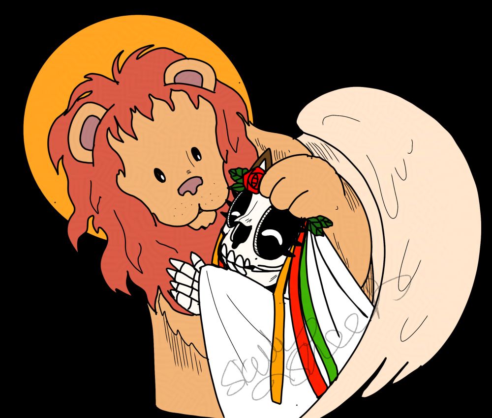 Little Mari hugs the St. Marks Lion who pats her on the head (skull) with a wing holding her close