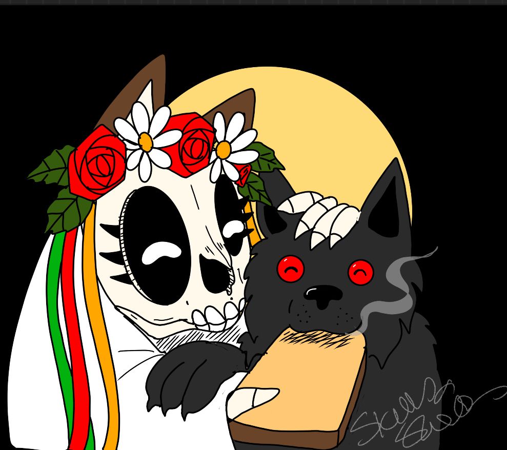 Little mari feeds a black dog, black shuck a piece of bread and he toasts it