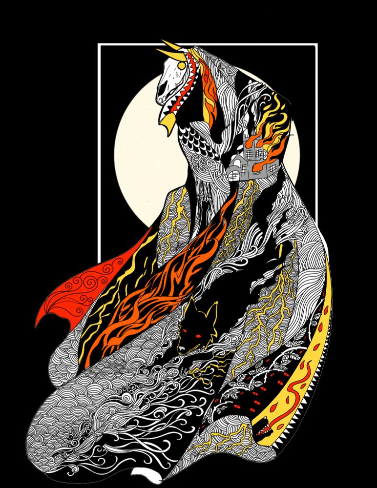 A mari horse skull looking over her shoulder with a cloal decorated with black shuck, thunder and lightning, a burning church and flames, teeth and claws