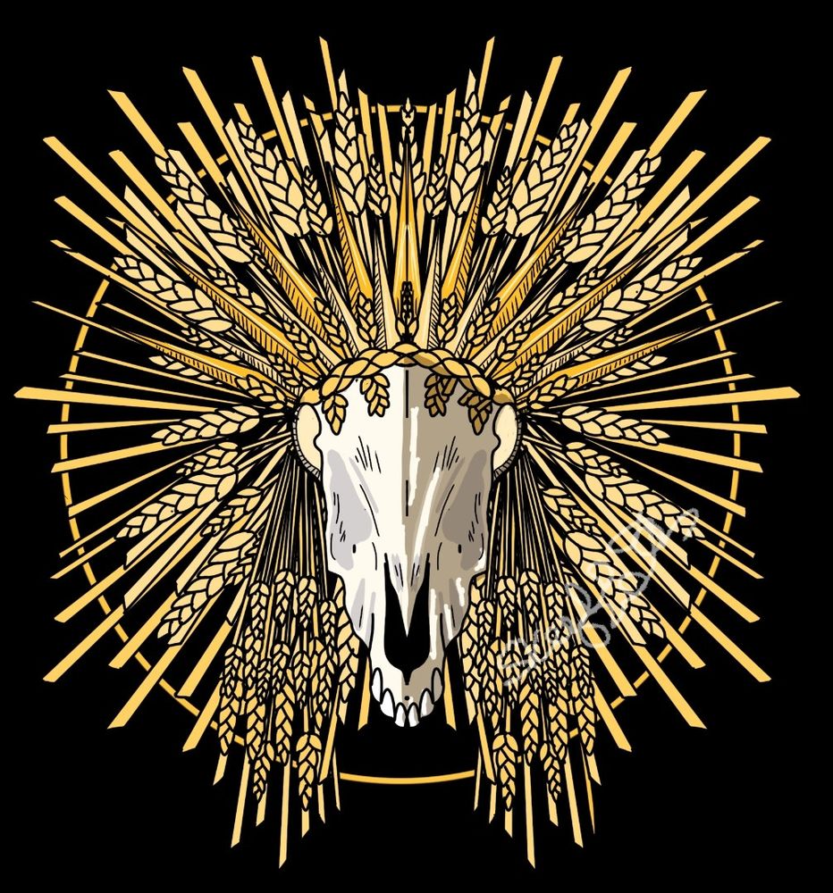 A horse skull with corn (wheat) and hay in a circular pattern like a sun