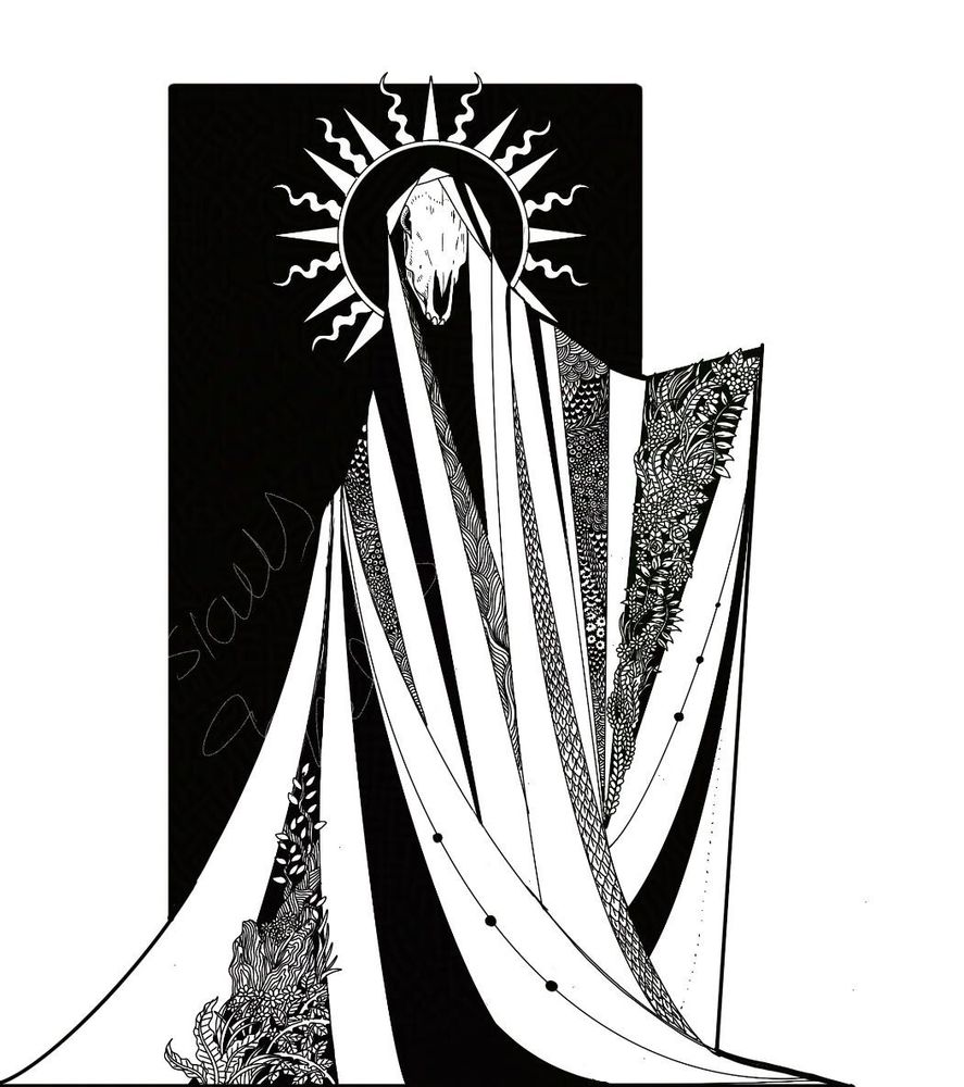 A mari with a cloak of triangular panels that contain patterns of flowers or symbols and black