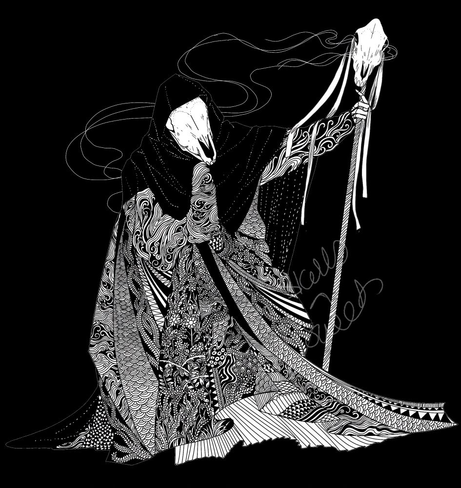 A mari crouching down, holding a staff with a horse skull on top with ribbons
The dress is separated into triangular sections the mari skull looks to the right as is covered by a cloak 