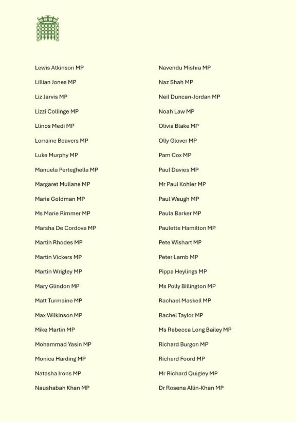 Fourth page of MPs' names who have signed the letter.