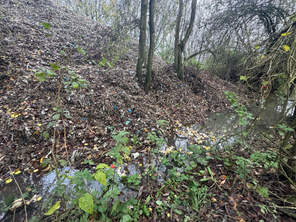 Image of high mountain of waste with brook lapping against it - and waste floating in the brook.