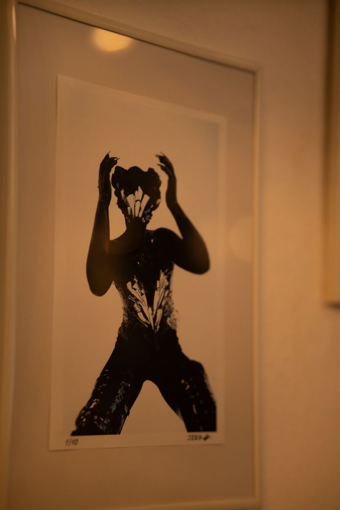 Photo of a model in special effects makeup, black bodypaint and mirror corset