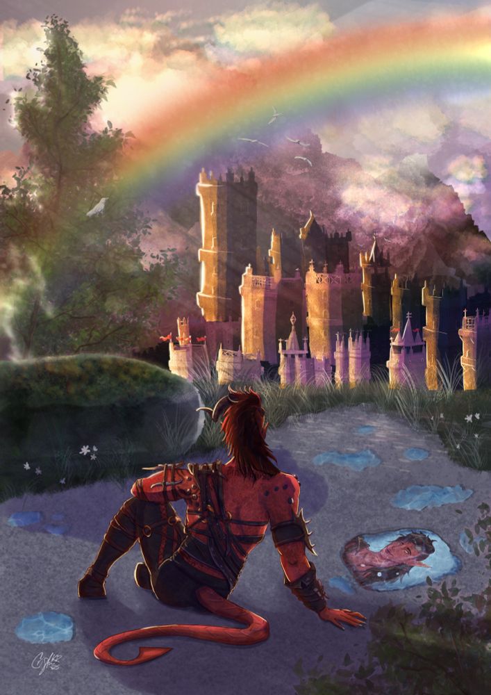 A puddle on the ground reflects the smiling, contented face of Karlach. The red tiefling woman is seated next to the puddle, leaning back on one arm. More puddles are around her as morning daylight trickles over everything, including herself. In the far distance there is a bright sky tinged with the glow of morning sunlight, a rainbow, and doves flying freely. Clouds pepper the sky and obfuscate the mountain range in the far back. Buildings of the city of Baldur’s Gate are to the right just beyond her cliff, and to the left is a tree with another dove seated upon a branch.