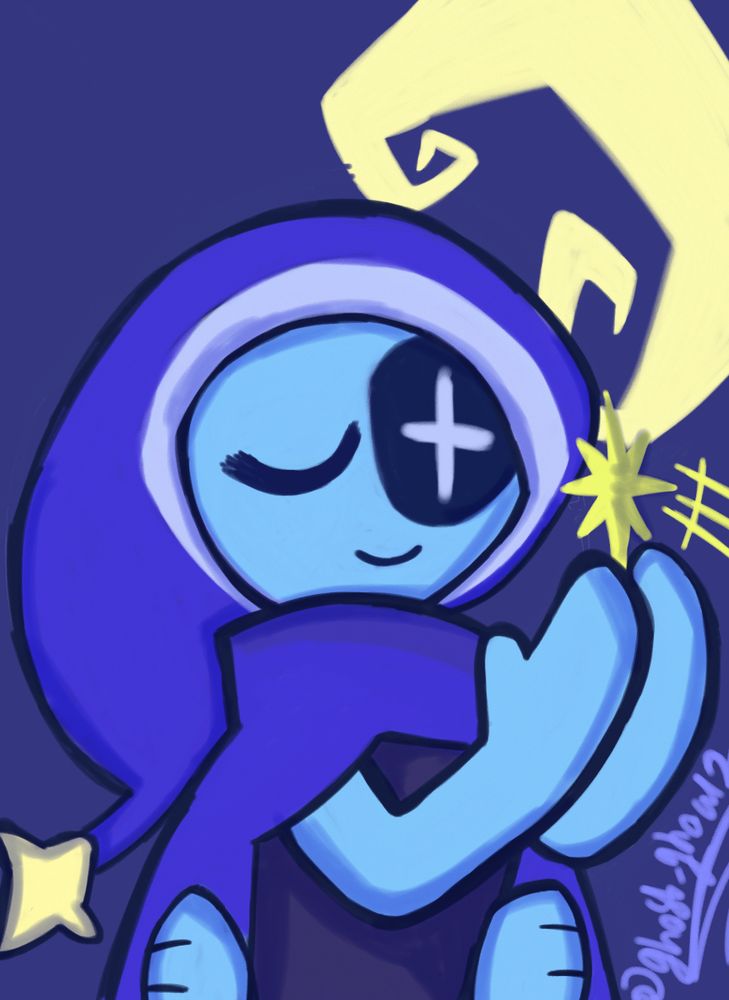 Astro from the roblox game dandy's world sitting while holding out his hands to hold up a star-like light. The colors are mostly blues and a pale yellow for the moon and star on the end of his hat and the star contained in his hand. His facial expression is his left is closed while his right is a white star and he is smiling slightly.