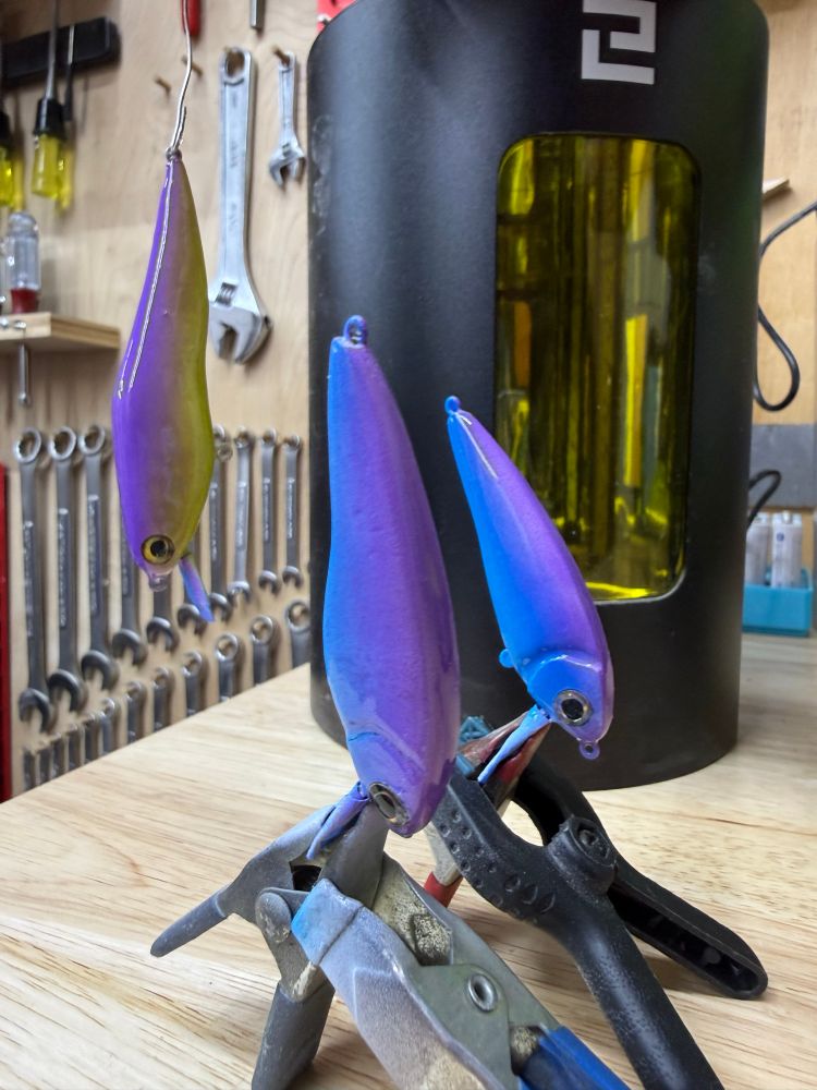 Three wooden lures ready for scale and details