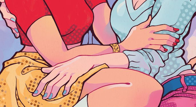 Close up on a print of Veronica and Betty. Betty's nails are blue and her hand is resting on Veronica's leg, Veronica's are red and she's grabbing Betty's arm.