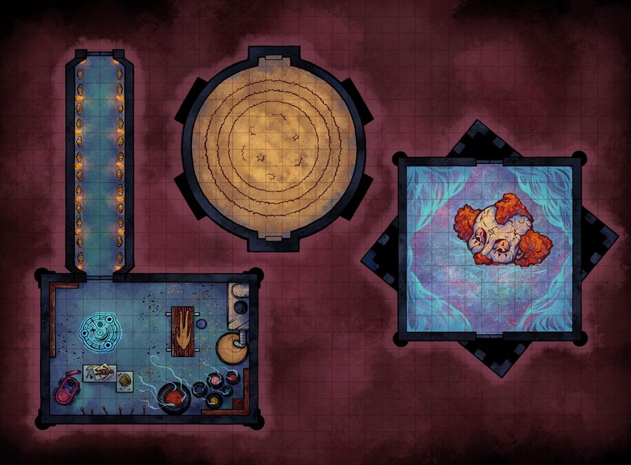 Heckna battle maps for Hit Point Press showing different rooms in a hellish liminal space. Includes a large clown face submerged in cotton candy