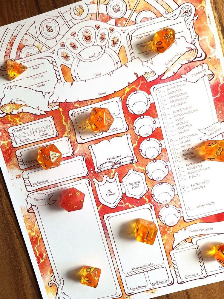 An illustrated D&D character sheet with an art nouveau theme and motifs of fire magic.