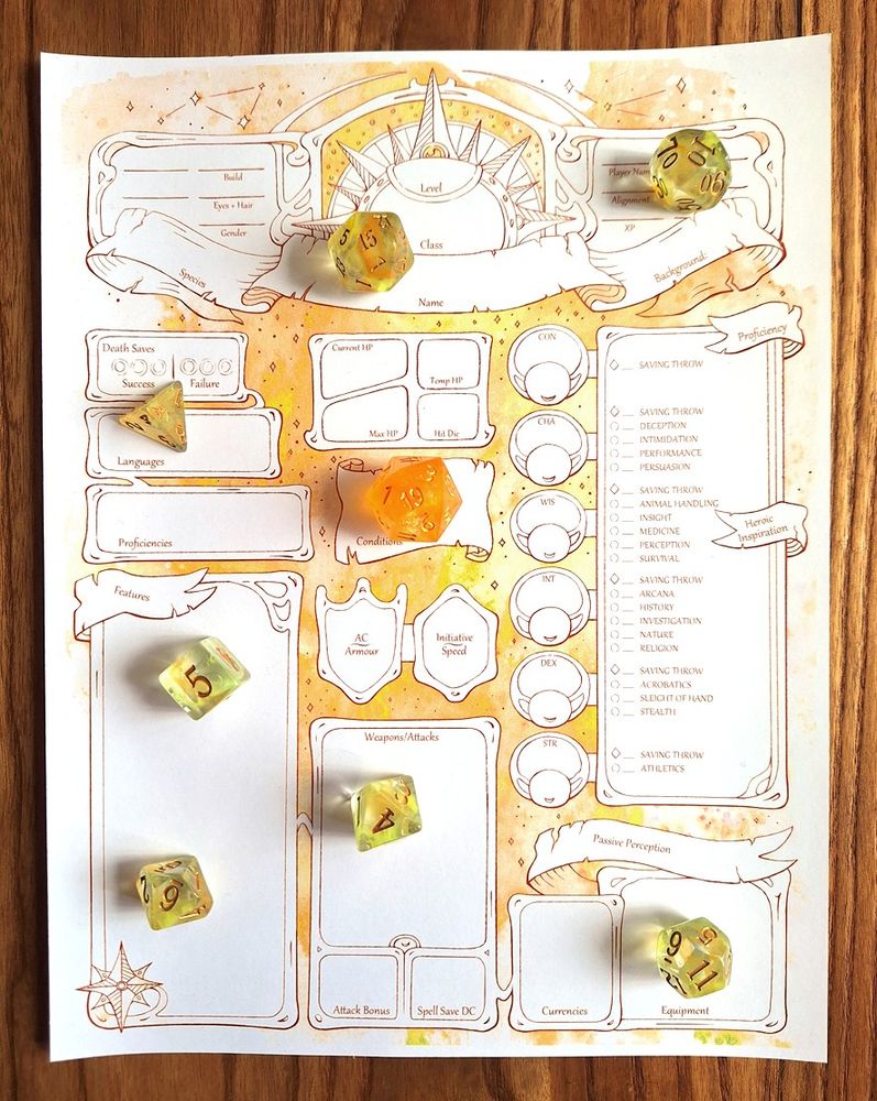 An illustrated D&D character sheet with an art nouveau theme and cosmic motifs.