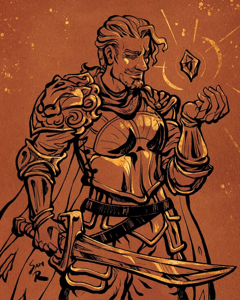 An ink drawing in black and gold on brown craft paper. It shows an armoured man (Taryon Darrington from Critical Role) holding a sword and admiring a magical crystal.