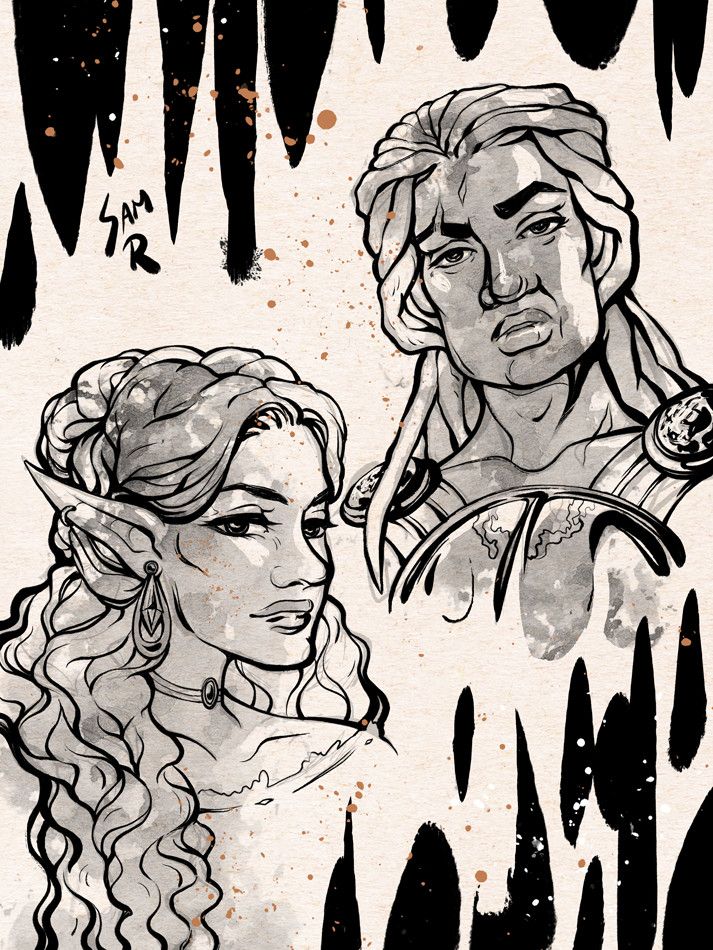 Ink portraits of an elf warlock and a human fighter.
