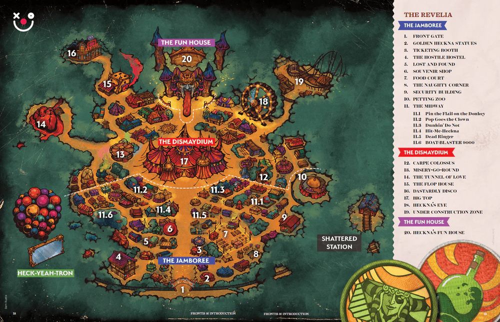 The world map for Heckna by Hit Point Press. It shows all the rides and attractions of a sinister carnival. 