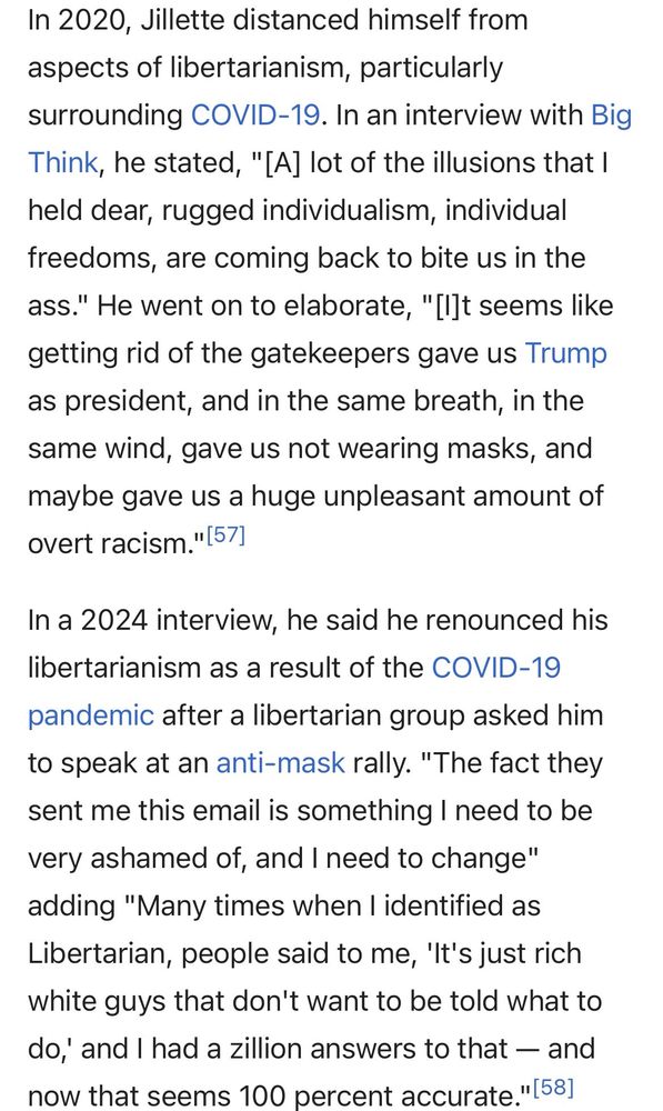 Jillette denounces his libertarianism because of their lack of consistent beliefs. He did not want to be associated with the party and its anti-mask push. 