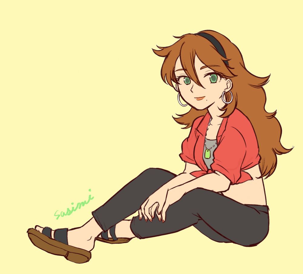 現代パロディのプリムロゼのイラスト。赤いトップスと黒のパンツを着用している。ゆったりと膝を立てて座ってこちらに視線を向けている。