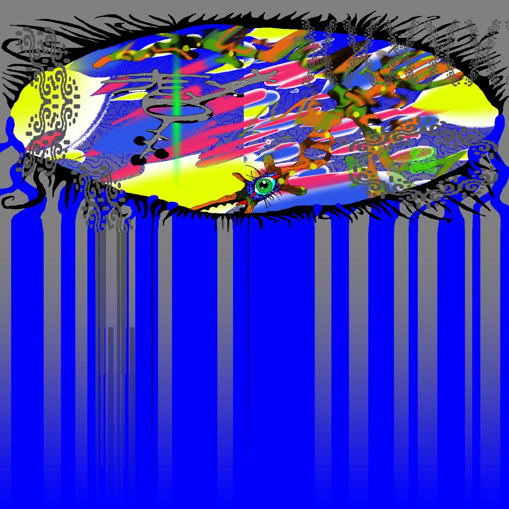 giant eye crying solid blue tears in the eye is a dogfight between orange birds with long eyelashes