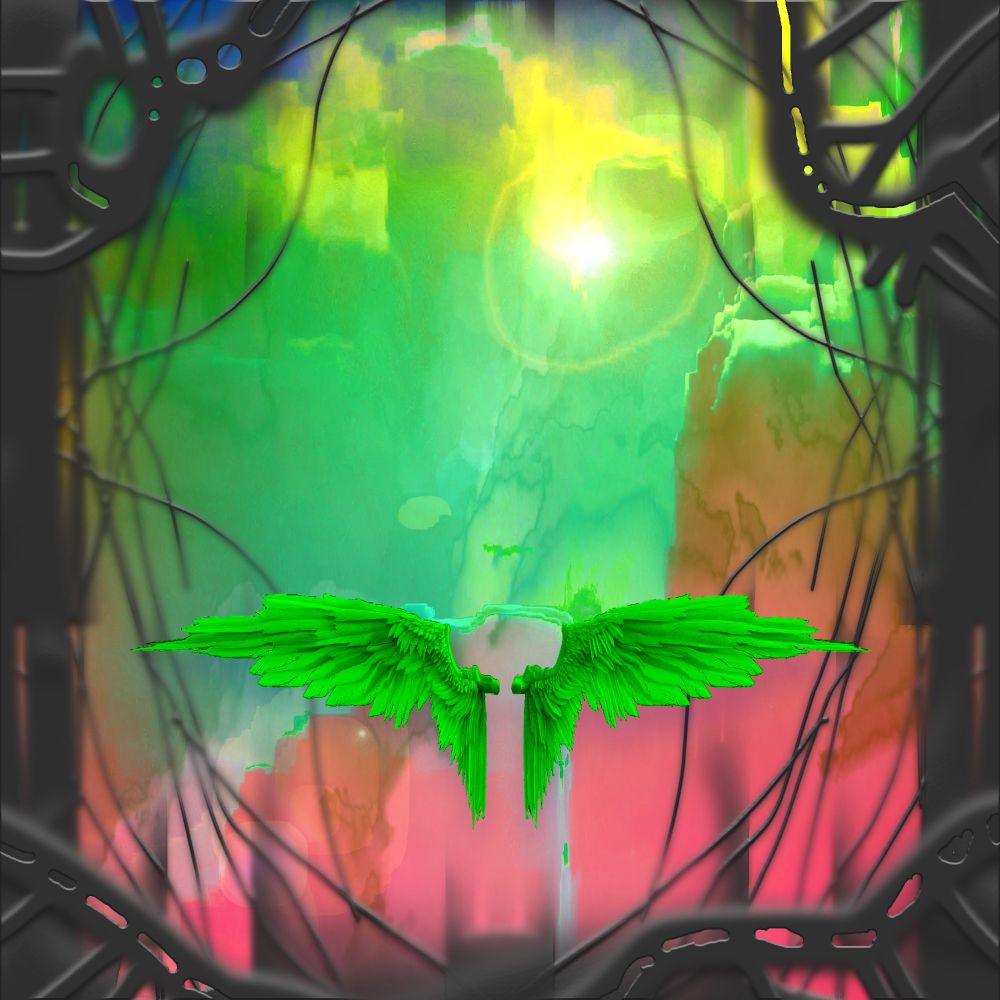 green angel wings rising through twisted metal pink/green sunset lens flare