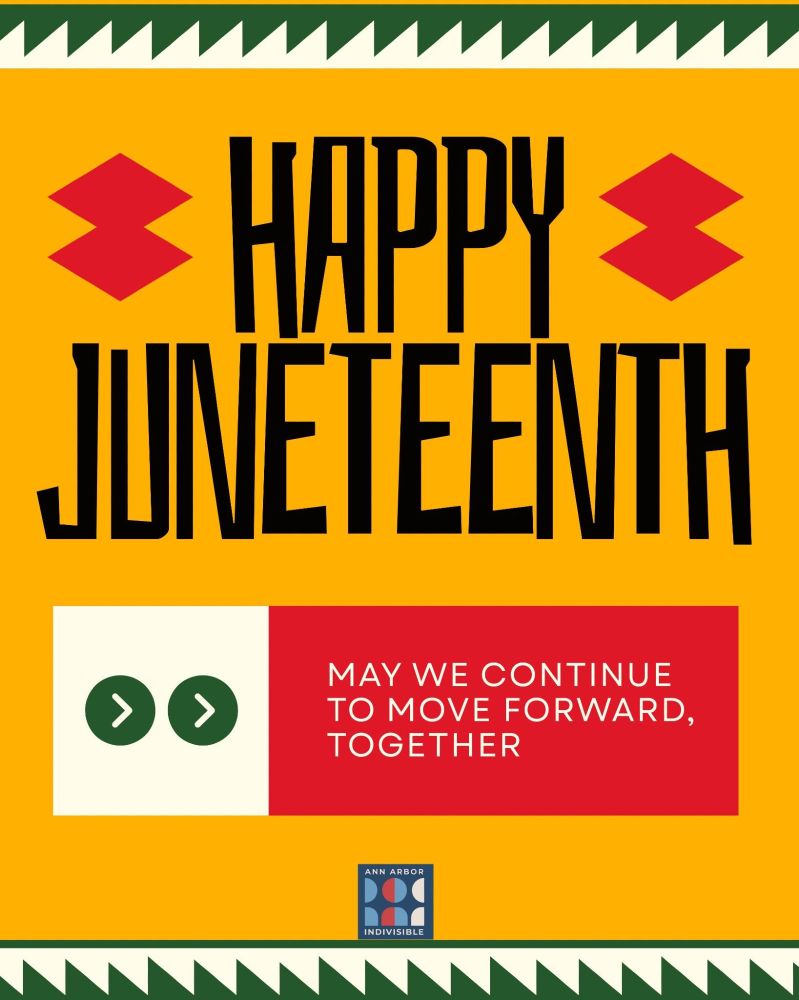 Bold geometric patterns reading "Happy Juneteenth - may we continue to move forward, together." Small AAI logo on the bottom.