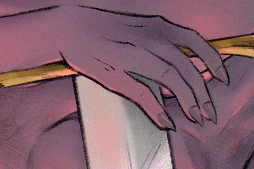 Purple tiefling hand with sharp nails.