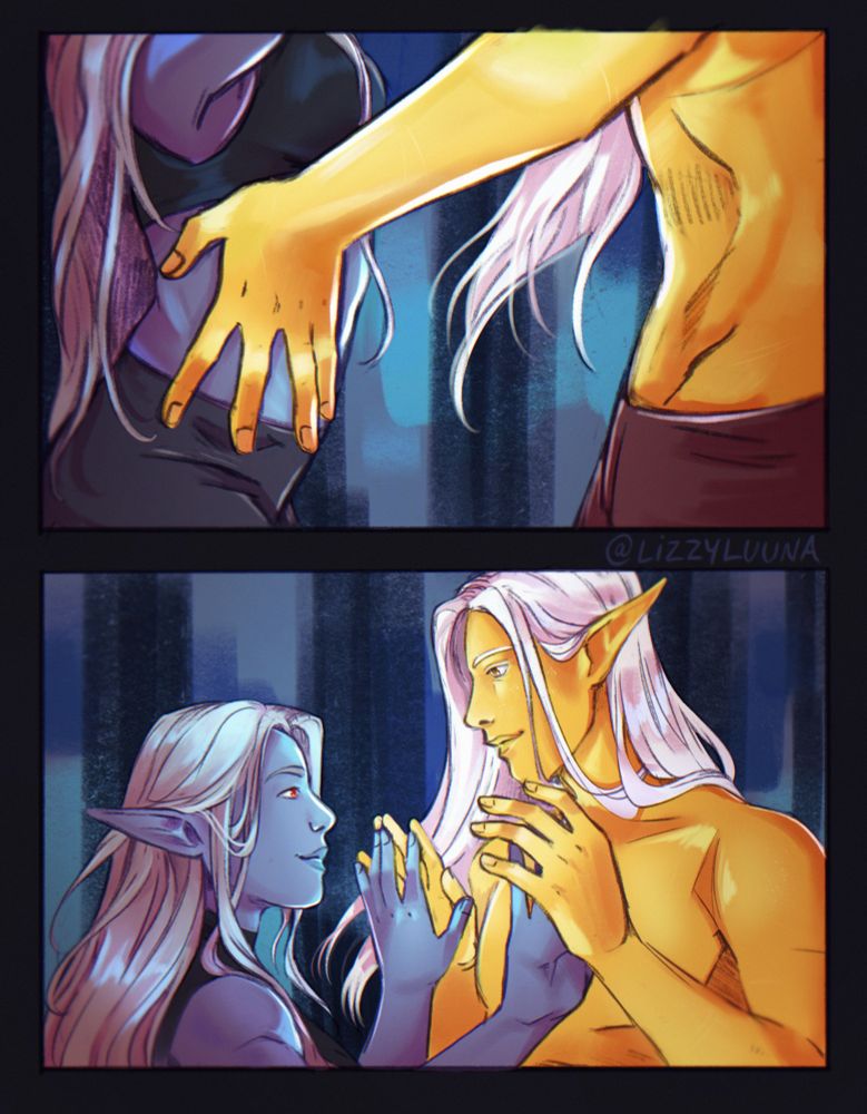 Diptych (two panels) featuring Tsuma, a sun elf man, and Zixa, a drow woman, dancing with each other in a recreation of two Dirty Dancing screencaps. Top: Tsuma holds Zixa’s hips as she reaches up to him. Bottom: Tsuma and Zixa touch their hands together while dancing; they gaze happily into each other’s eyes.