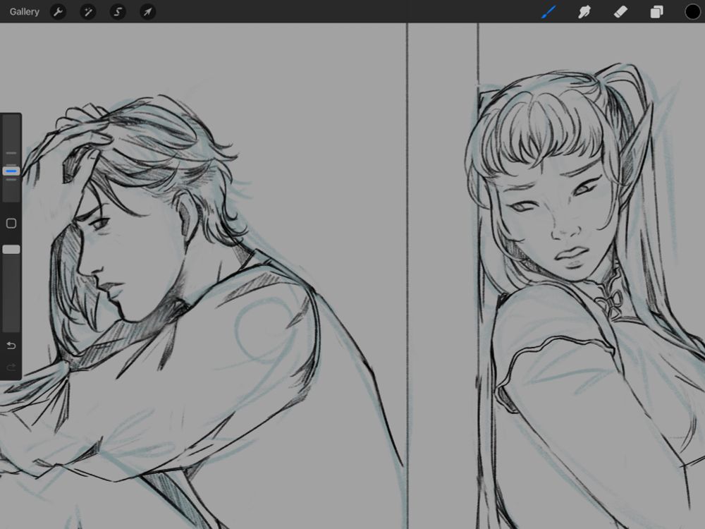 Digital sketch of Galit and Su’li from The Shield of Celestia sitting on opposite sides of a door, each looking over their shoulders despondently.