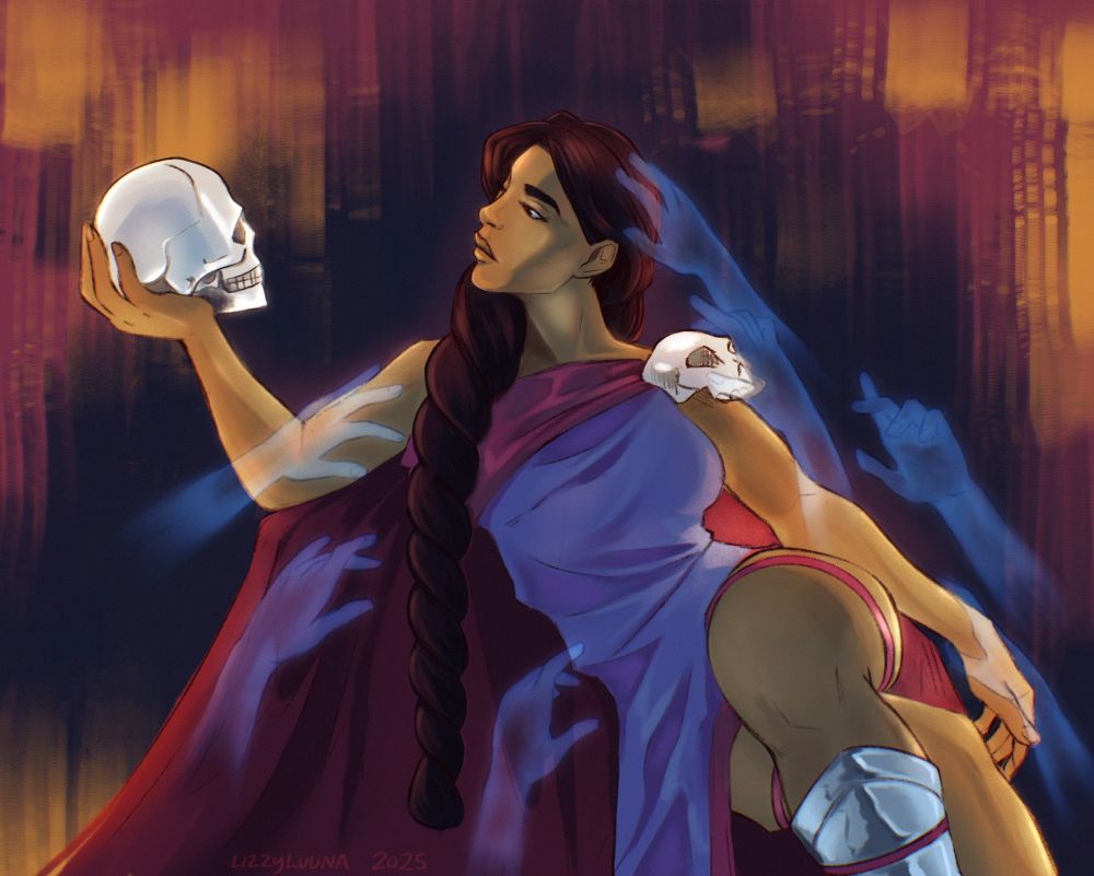 Digital painting of a woman reclining upon a draped seat, legs crossed. She somberly studies a human skull that she holds in one hand, while spectral blue hands reach out to her.