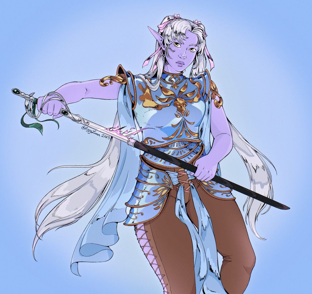 Digital artwork of a young half-drow elven teenager with pale purple skin and light grey hair, drawing her rapier with a stern expression on her face. She wears a set of breastplate armor in a pale bluish-purple hue with bronze ornamentation.