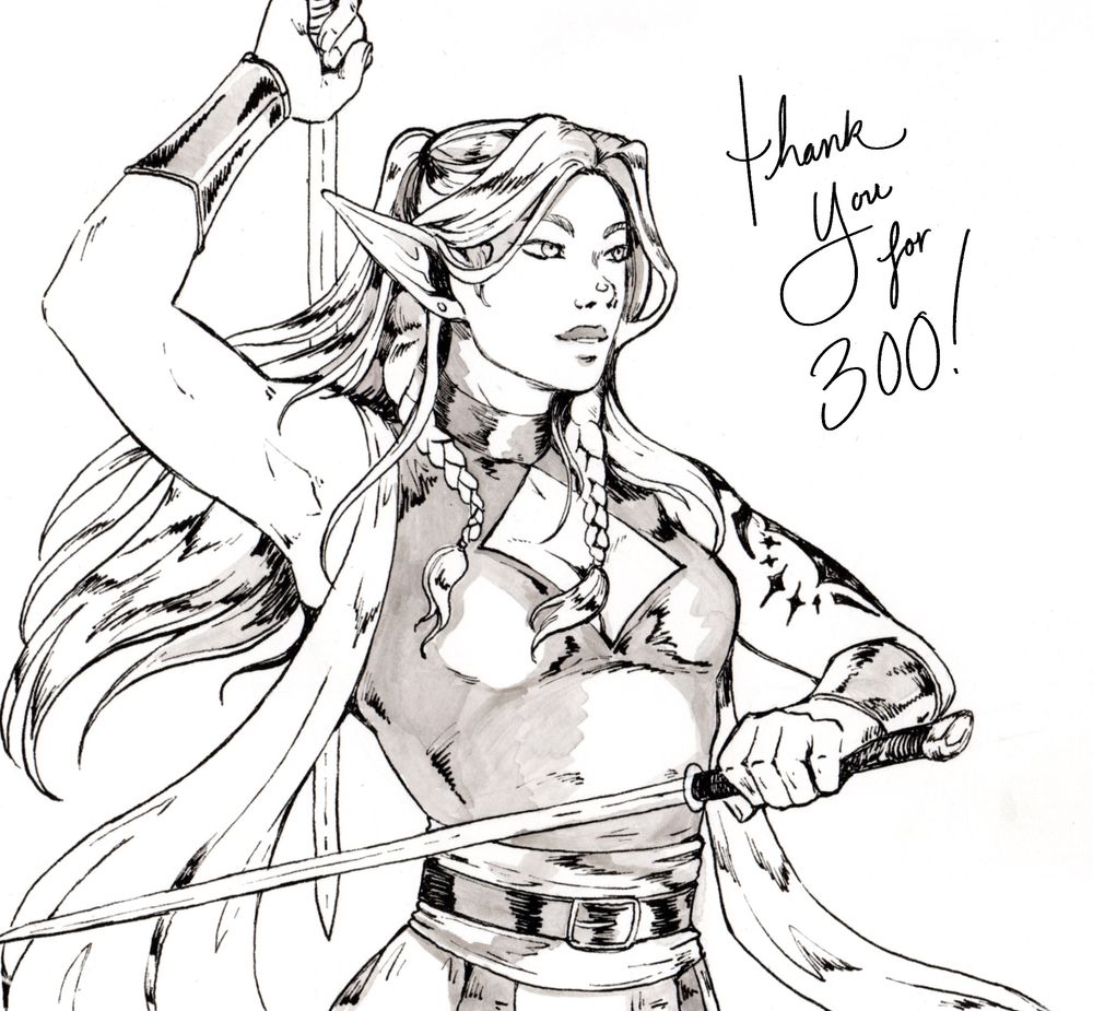 Traditional ink drawing of Zixa, a drow elf woman, gracefully wielding two swords - one in front, and one in back.