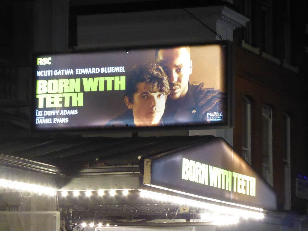 Illuminated hoarding for Born With Teeth showing two lead actors above illuminated sign for same. Night.