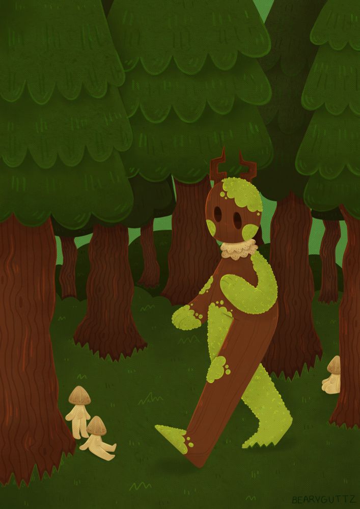 A character made of wood and moss is walking in a forest. There are little mushroom creatures near some of the trees.