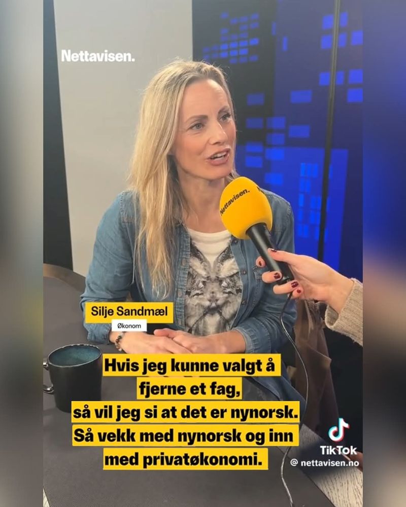 Screenshot frå tiktoken til nettavisen.no kor Silje Sandmæl blir sitert på å seie "hvis jeg kunne valgt å fjerne et fag, så vil jeg si at det er nynorsk. Så vekk med nynorsk og inn med privatøkonomi." 
