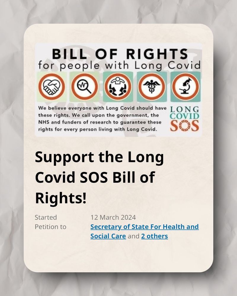 An orange tinted card on a grey background with grey markings. The long covid sos logo is at the top right. 
Large green text in the centre reads:
“LONG COVID
IS A CRISIS.
SUPPORT.
АСТ.
DEMAND CHANGE.” 
