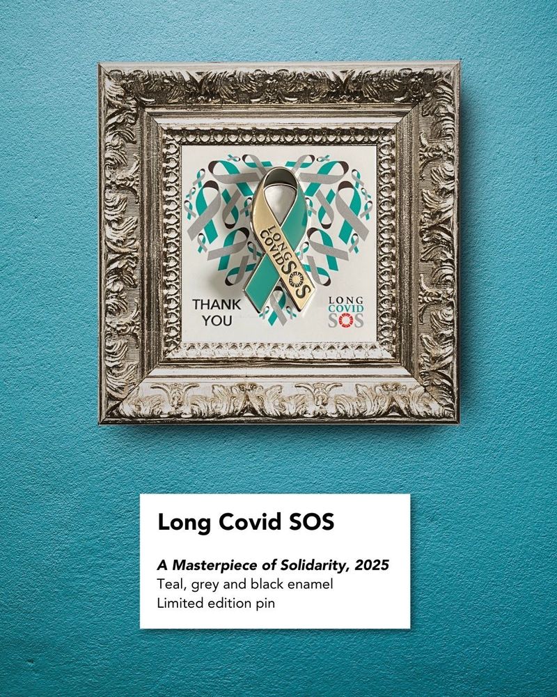 A teal wall with a framed Long Covid Awareness ribbon pin in gray black and teal mounted in an ornate silver frame, as if on display in an art gallery. Underneath is a white title card with black text reading:
Long Covid SOS
A masterpiece of Solidarity, 2025
Teal, grey and black enamel
Limited edition pin