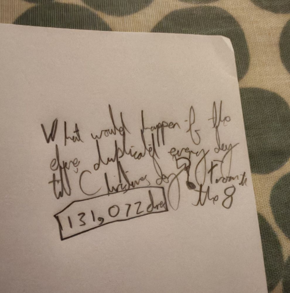 What would happen if the elves duplicated every day till Christmas day?
131,072 elves