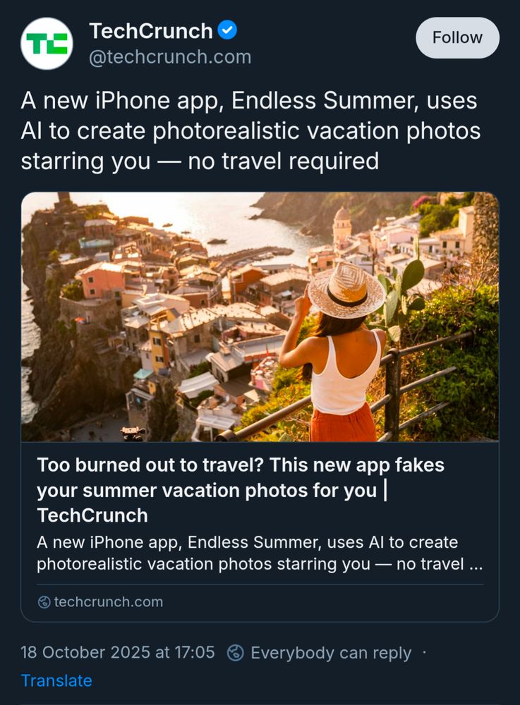 screenshot of an article about an app that uses AI to fake summer holiday photos for you