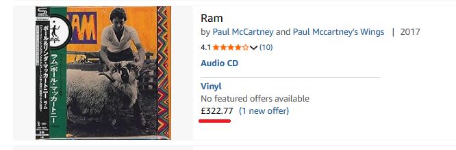 Paul and Linda McCartney's album Ram, vinyl listing on Amazon for £322.77