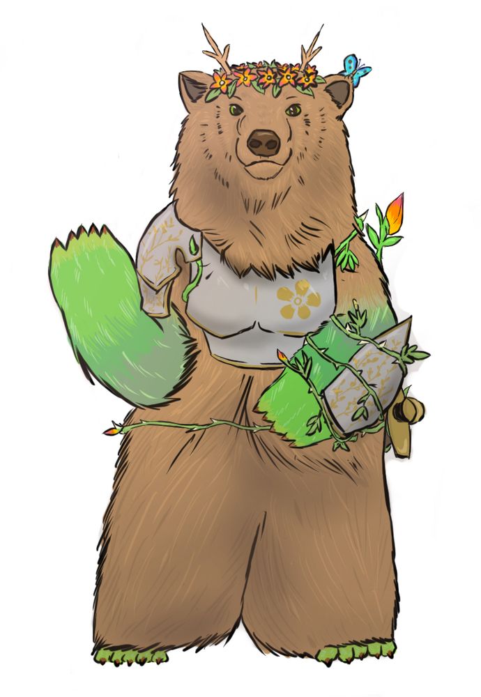Sir Bearington the knight-druid. 

A bear with paws inspired by the bear paw succulent. Is wearing some knights armour held on by vines and has pretty flowers with sunset colours. 