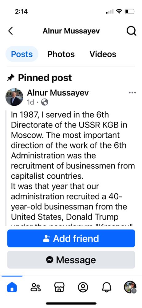 Facebook post from Alnur Mussayev. Here’s the full text, which is broken up across three separate screenshots: 

In 1987, I served in the 6th Directorate of the USSR KGB in Moscow. The most important direction of the work of the 6th Administration was the recruitment of businessmen from capitalist countries.
It was that year that our administration recruited a 40-year-old businessman from the United States, Donald Trump under the pseudonym "Krasnov".
-
In 1987, I worked in the 6th Department of the KGB of the USSR in Moscow. The most important area of   work of the 6th Department was the acquisition of spies and sources of information from among businessmen of capitalist countries. It was in that year that our Department recruited the 40-year-old businessman from the USA, Donald Trump, nicknamed "Krasnov".