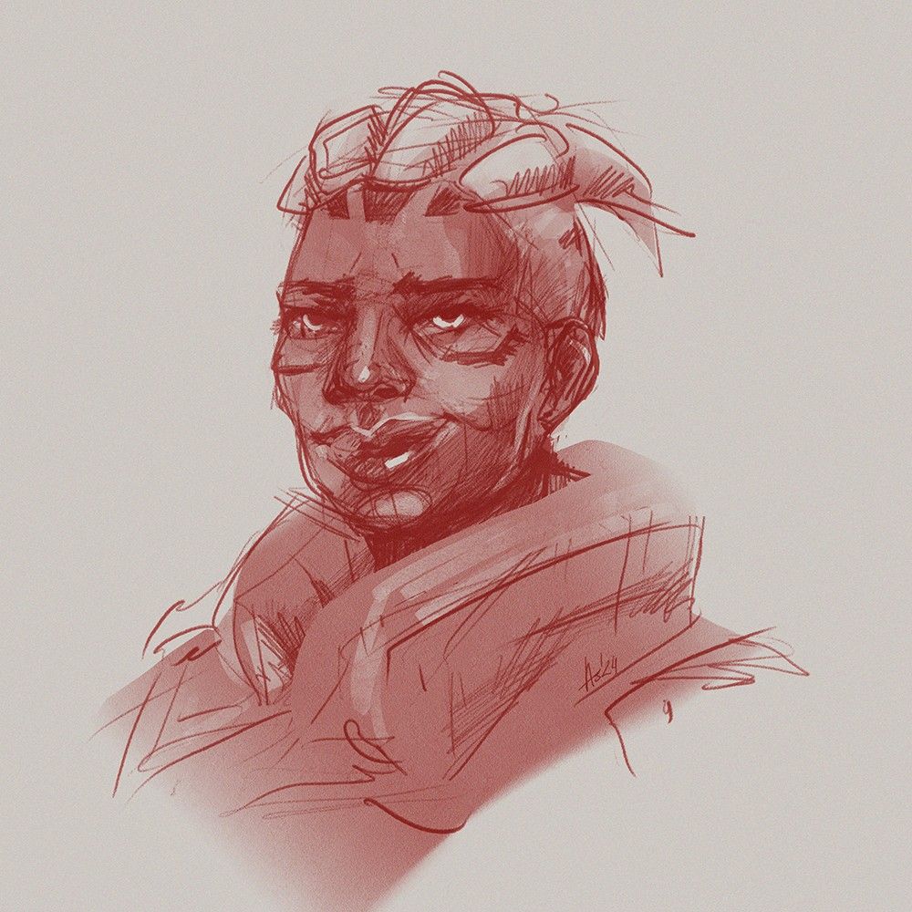 red toned sketchy portrait drawing of sojurn
