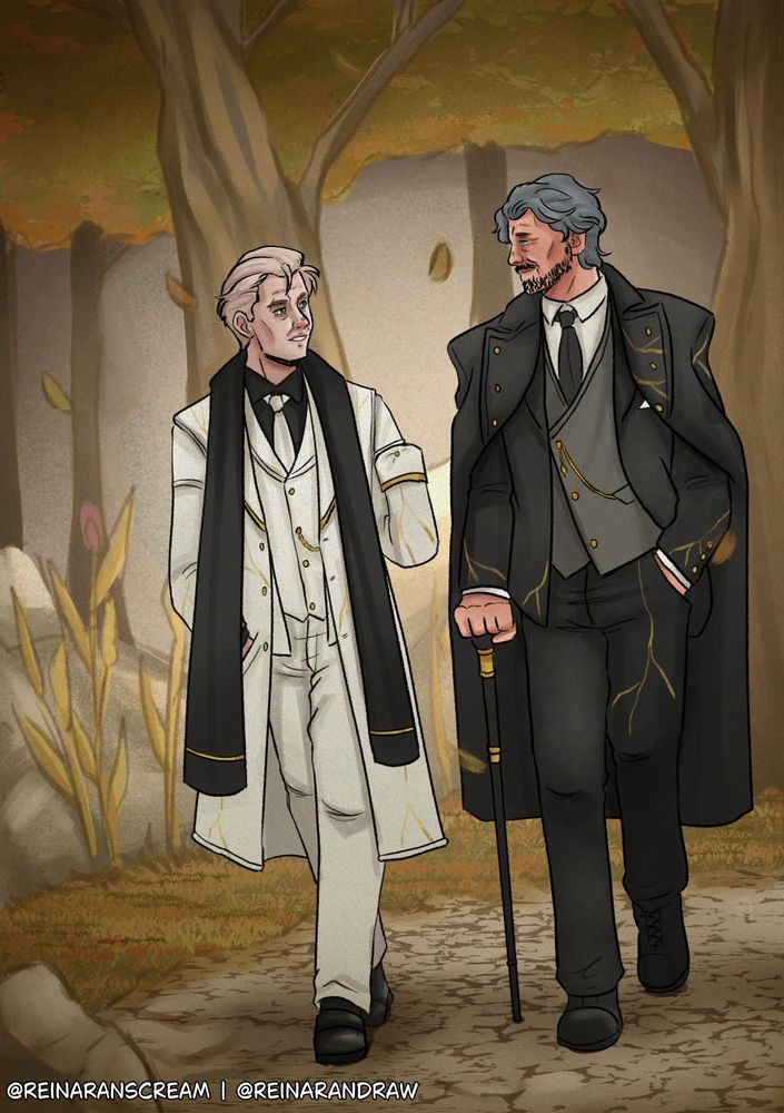 ocxcanon, Renoir Dessendre (Expedition 33) & Jerome (my OC) taking a stroll through the woods. They're wearing matching outfit (Renoir in black & Jerome in white)