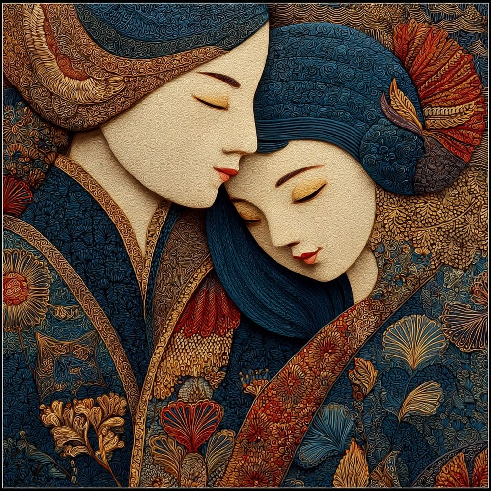 AI generated image. Batik silk painting, true love
