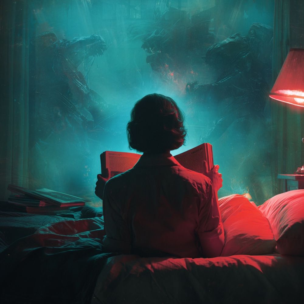 AI generated image. Woman reading on her bed.