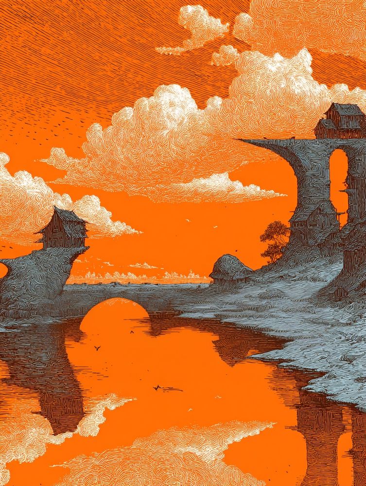 AI generated image. Houses on cliffs with orange sky and orange sea. 