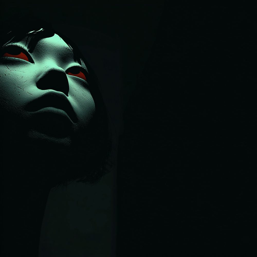 AI generated image. Girl with red eyes in the dark. 