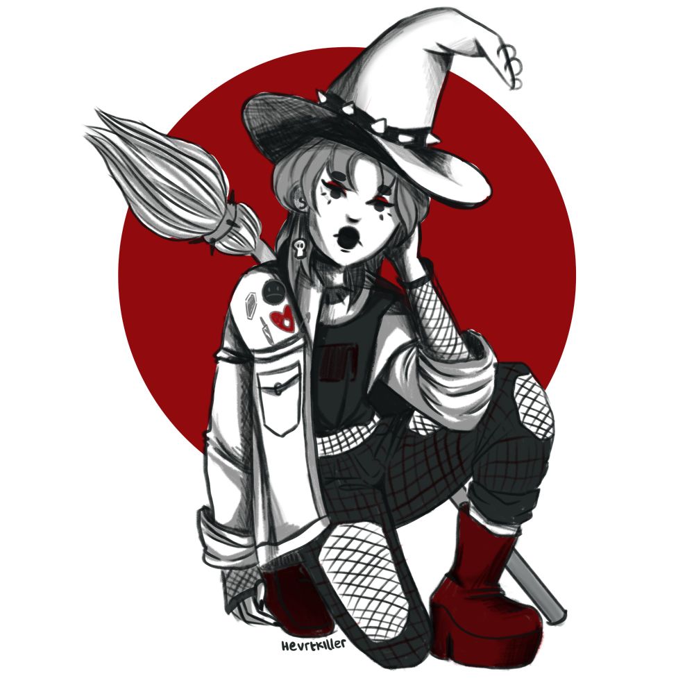 ilustração de bruxa inspirada no gênero musical punk. é um desenho em preto e branco com detalhes em vermelho escuro, onde ela está usando um chapéu com argolinhas e spikes, uma jaqueta jeans com patches, meia arrastão, uma calça xadrez e bota de plataforma